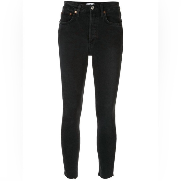 REDONE Black High Waisted  Jeans Comfort Stretch High Rise Ankle Crop - Picture 2 of 14